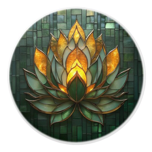 Art Deco Gold Lotus Green Tilework Print Keramikknauf (Vorderseite)