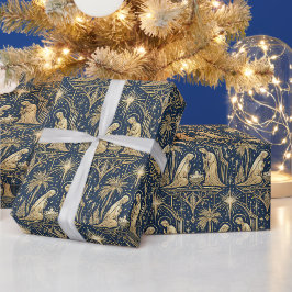 Art Deco Gold Nativitätsmuster auf Navy Geschenkpapier