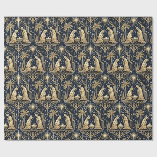 Art Deco Gold Nativity Pattern on Navy Geschenkpapier (Flach)