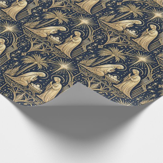 Art Deco Gold Nativity Pattern on Navy Geschenkpapier (Ecke)