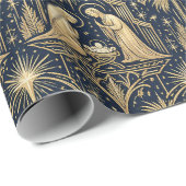Art Deco Gold Nativity Pattern on Navy Geschenkpapier (Rolleneckpunkt)