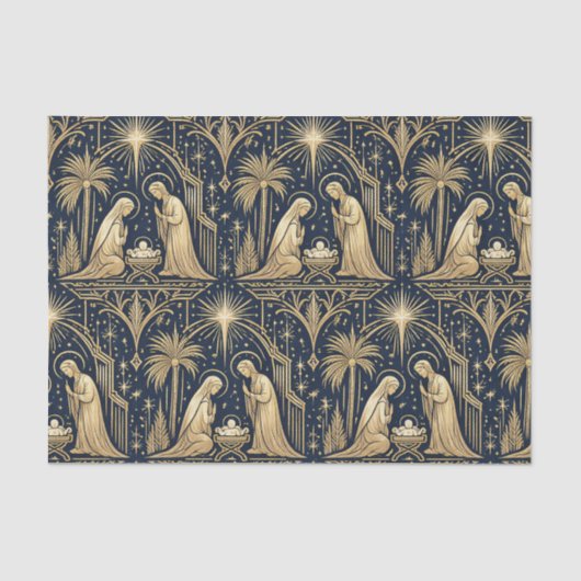 Art Deco Gold Nativity Pattern on Navy Seidenpapier (Vorderseite)