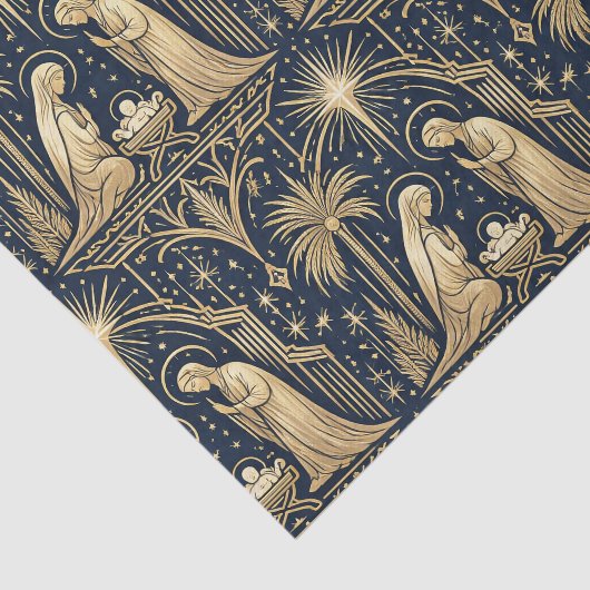 Art Deco Gold Nativity Pattern on Navy Seidenpapier (Ausschnitt)