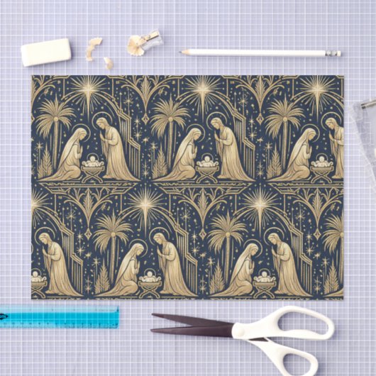 Art Deco Gold Nativity Pattern on Navy Seidenpapier (Handwerk)