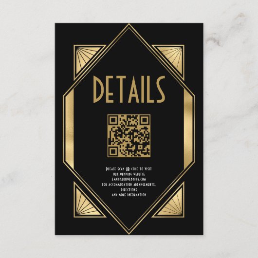 Art Deco Gold QR Code Hochzeitsdetails Begleitkarte (Vorderseite)