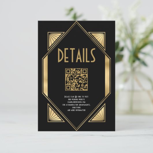 Art Deco Gold QR Code Hochzeitsdetails Begleitkarte (Stehend Vorderseite)