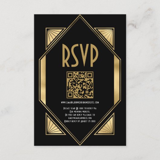 Art Deco Gold QR Code Wedding RSVP Begleitkarte (Vorderseite)