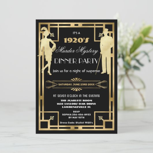 Art Deco Gold Roaring 20s Murder Mystery Party Einladung (Stehend Vorderseite)
