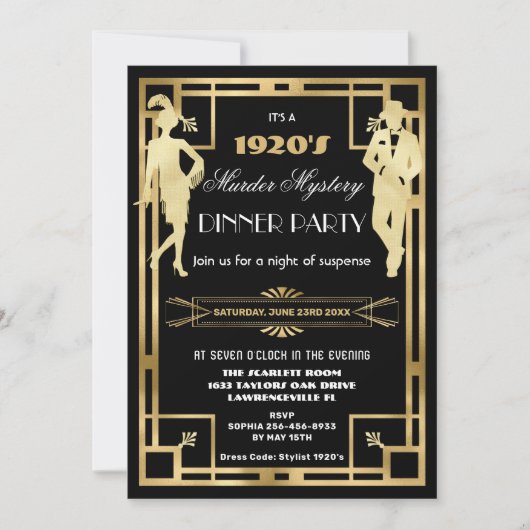 Art Deco Gold Roaring 20s Murder Mystery Party Einladung (Vorderseite)