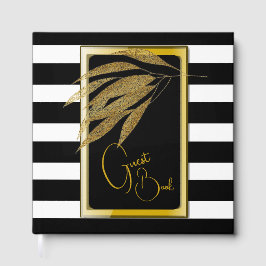 Art Deco Gold Rose Blätter Schwarze Streifen Hochz Gästebuch