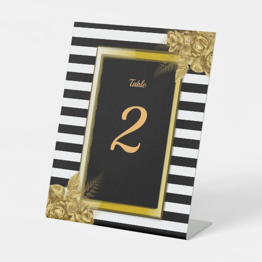 Art Deco, Gold Rose Streifen Hochzeit Tischnummer Sockelschild (Vorderseite)