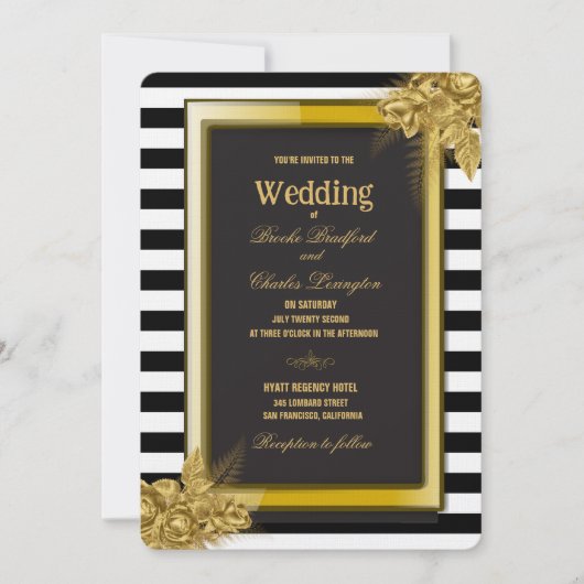 Art Deco Gold Rose & Streifen Hochzeitsfeiern Einladung (Vorderseite)
