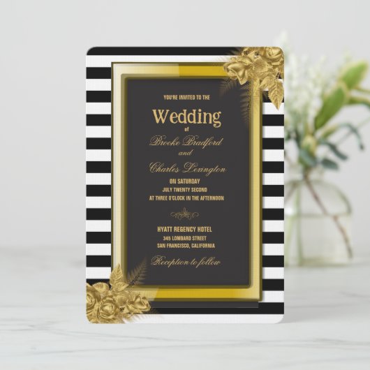 Art Deco Gold Rose & Streifen Hochzeitsfeiern Einladung (Stehend Vorderseite)