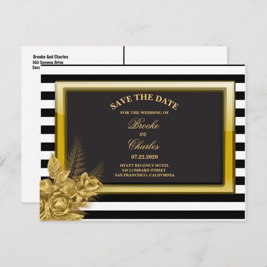 Art Deco Gold Rose & Streifen Save the Date Karte (Vorne/Hinten)