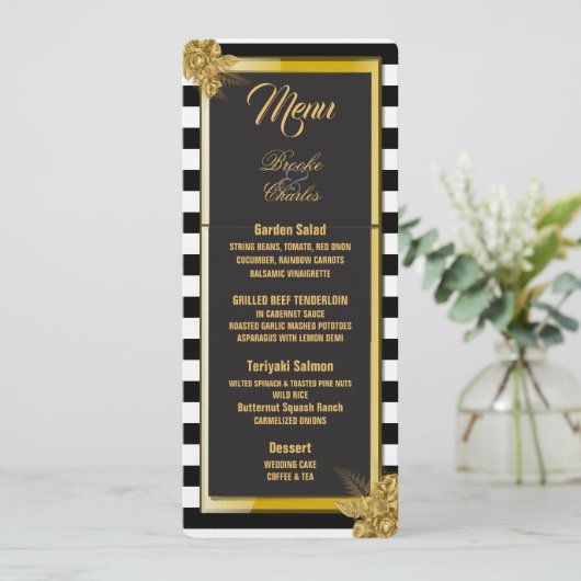 Art Deco Gold Rose, Stripes Wedding Menu Card Menükarte (Stehend Vorderseite)