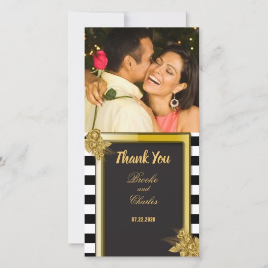Art Deco Gold Rose, Stripes Wedding Vielen Dank Dankeskarte (Vorderseite)