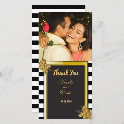 Art Deco Gold Rose, Stripes Wedding Vielen Dank Dankeskarte (Vorne/Hinten)