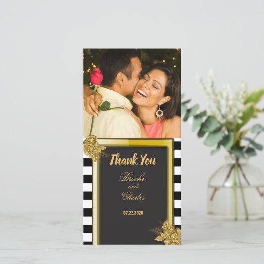 Art Deco Gold Rose, Stripes Wedding Vielen Dank Dankeskarte (Stehend Vorderseite)