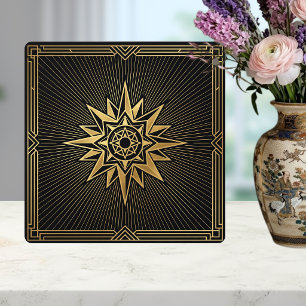 Art Deco Gold Sonnenstrahl-Kompass Grafik Schwarz Fliese