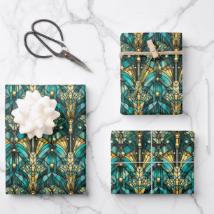 Art Deco Gold & Teal Geschenkpapier flache Bögen Set