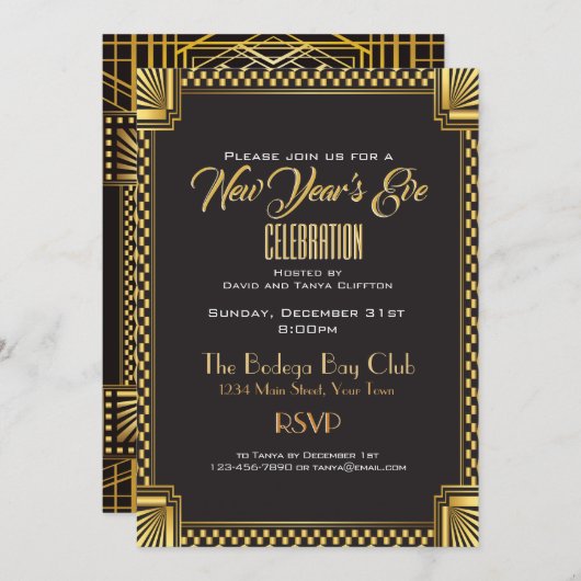 Art Deco Gold und Black NYE Gatsby Style Einladung (Vorne/Hinten)