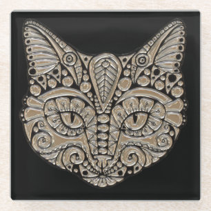 Art Deco Gold und schwarze ägyptische Katzenfigur Glasuntersetzer