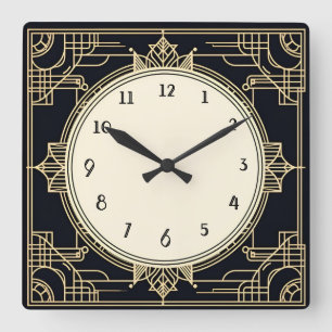 Art Deco Gold- und Schwarzrahmen Quadratische Wanduhr