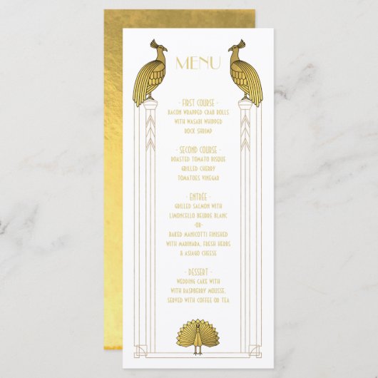 Art Deco Gold und White Peacock Hochzeitskarte Menükarte (Vorne/Hinten)