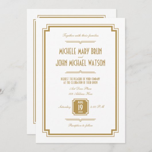 Art Deco Gold White Back Text Einladung Hochzeit (Vorne/Hinten)