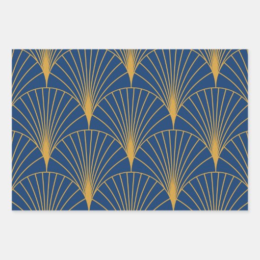 Art Deco Golden Geometric Fans auf blauem Navy Geschenkpapier Set (Vorderseite)