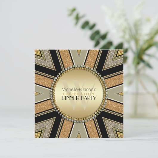 Art Deco Golden Glitzer Abendessen Party Einladung (Stehend Vorderseite)