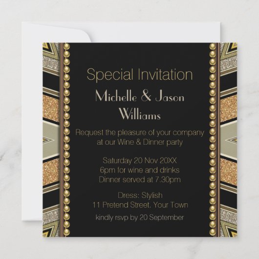 Art Deco Golden Glitzer Abendessen Party Einladung (Rückseite)