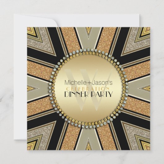 Art Deco Golden Glitzer Abendessen Party Einladung (Vorderseite)