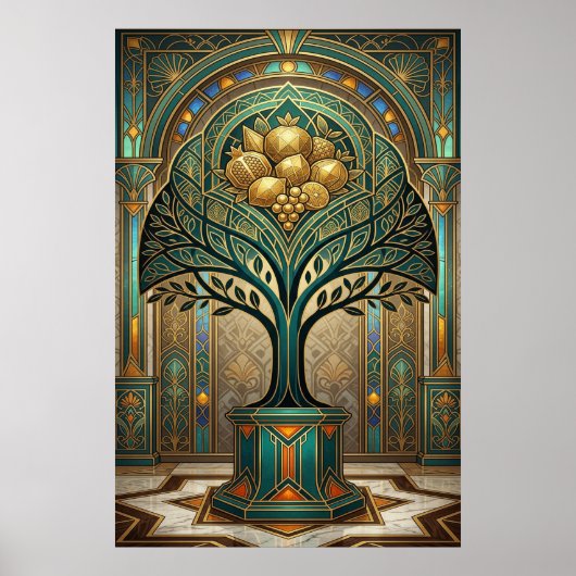 Art Deco Golden Harvest Fruit Tree Gold Teal Poste Poster (Vorne)