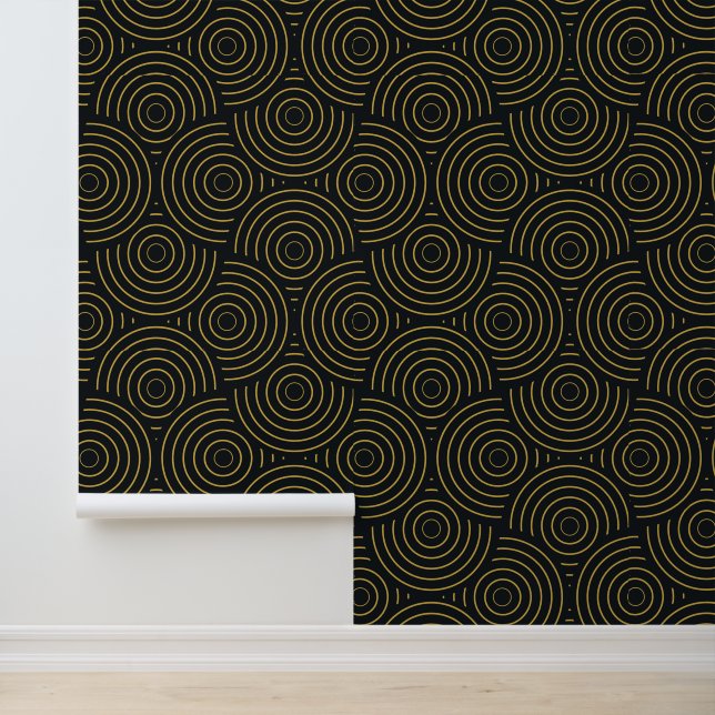 Art Deco Golden Overlapping Circles - Schwarz Tapete (Anwendung)