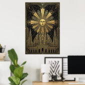 Art Deco Golden Sun Face Palace Poster | Himmlisch (Heimbüro)
