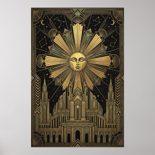 Art Deco Golden Sun Face Palace Poster | Himmlisch (Vorne)