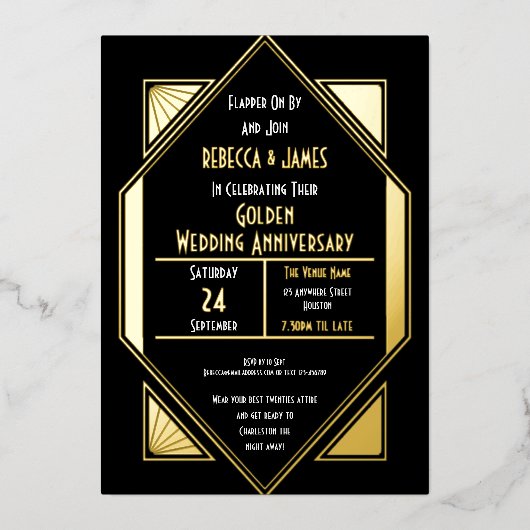 Art Deco Golden Wedding Anniversary Schwarzes Gold Folieneinladung (Vorderseite)
