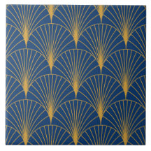 Art Deco Goldene Geometrische Fächer auf Navy Blau