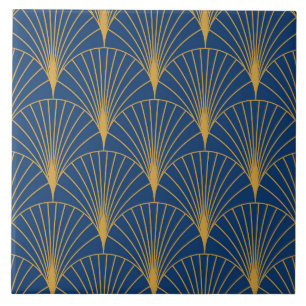 Art Deco Goldene Geometrische Fächer auf Navy Blau Fliese