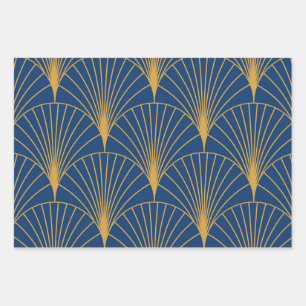 Art Deco Goldene Geometrische Fächer auf Navy Blau Geschenkpapier Set