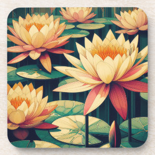 Art Deco Goldene Lotus Hartplastik-Untersetzer-Set Getränkeuntersetzer