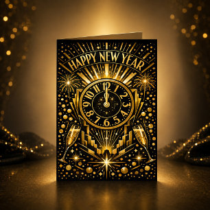 Art Deco Goldene Mitternachtsuhr-Feier Feiertagskarte