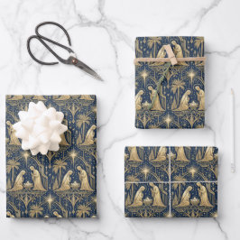 Art Deco Goldene Weihnachtsmuster auf Navy Blau Geschenkpapier Set