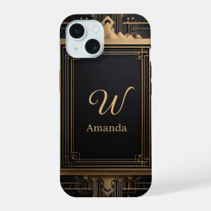 Art Deco Goldrahmen mit individuellem Namen und In iPhone 15 Hülle