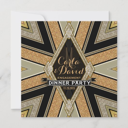 Art Deco Goldy Verlobung Abendessen Party Einladun Einladung (Vorderseite)