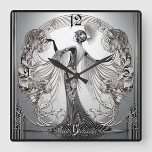 Art Deco Grau Quadratische Wanduhr