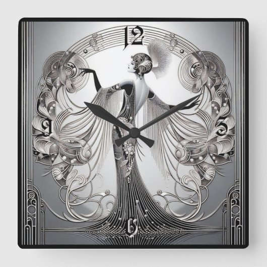 Art Deco Grau Quadratische Wanduhr (Vorderseite)