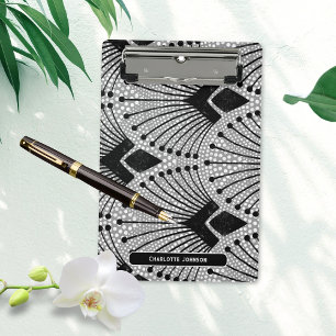 Art Deco Grau Schwarz Weiß Retro Pfauenmuster Mini Klemmbrett