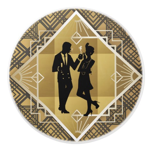Art Deco Great Gatsby Black Gold Flapper Couple Keramikknauf (Vorderseite)